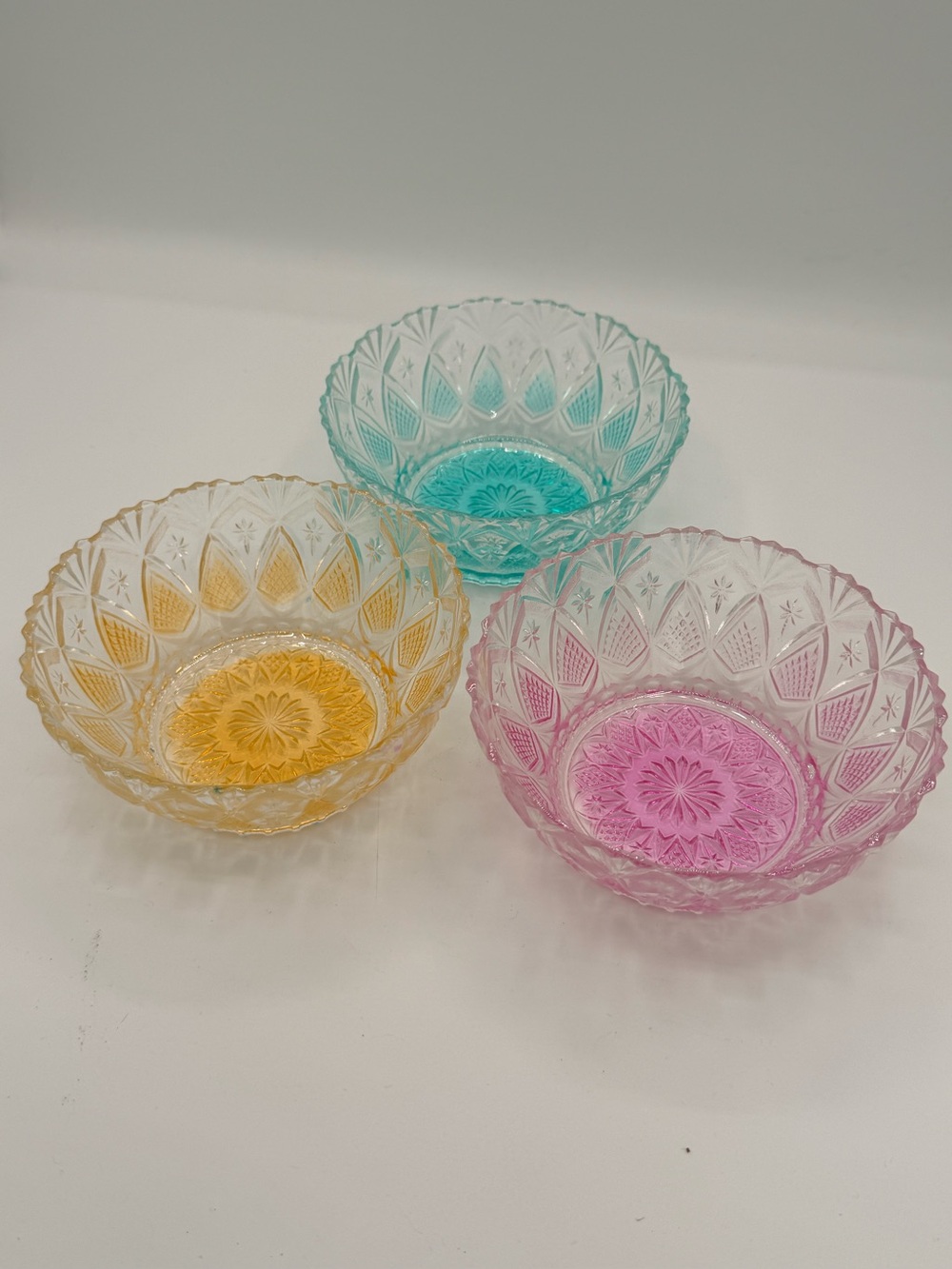 Vintage KIG Indonesia Pressed Glass Dessert Bowls Set of 3 Pastel Pink Amber Blu